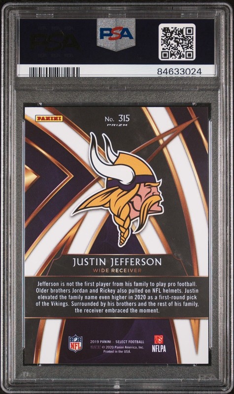 2019 Select Justin Jefferson 2020 XRC Prizm Redemption Rookie RC #315 PSA 10 view 2