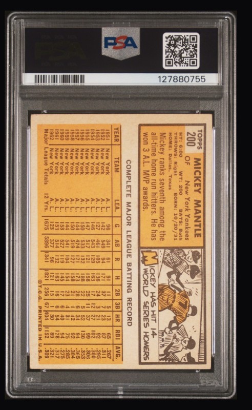 1963 Topps MICKEY MANTLE #200 PSA Grade 5 EX-Cond Nice Centering view 2