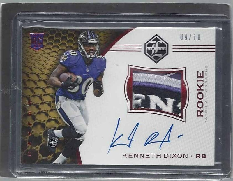 KENNETH DIXON 2016 LIMITED RED RPA RAVENS LOGO PATCH ON CARD AUTO RC #D 9/10