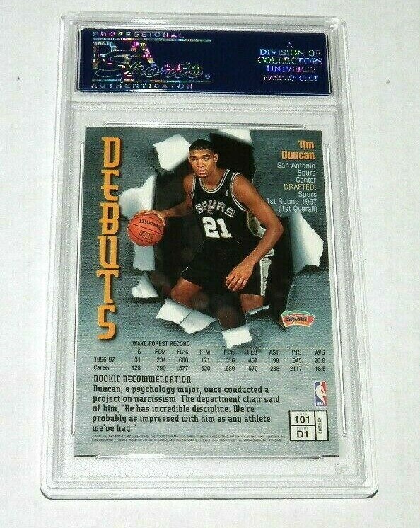 1997 TOPPS FINEST BASKETBALL TIM DUNCAN RC PSA 10 GEM MINT CARD #101 SPURS HOF view 2