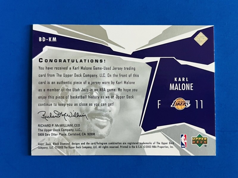 2003-04 UD Black Diamond Karl Malone Single Diamond Game Used Jersey Card #BD-KM view 2