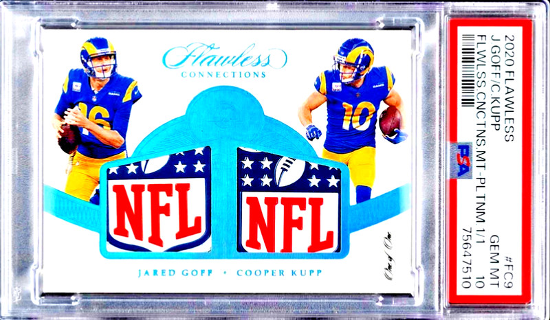 2020 PANINI FLAWLESS GOFF / KUPP DUAL USED LOGOMAN NFL SHIELD PATCH 1/1 PSA 10