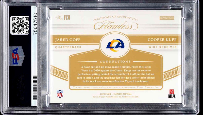 2020 PANINI FLAWLESS GOFF / KUPP DUAL USED LOGOMAN NFL SHIELD PATCH 1/1 PSA 10 view 2