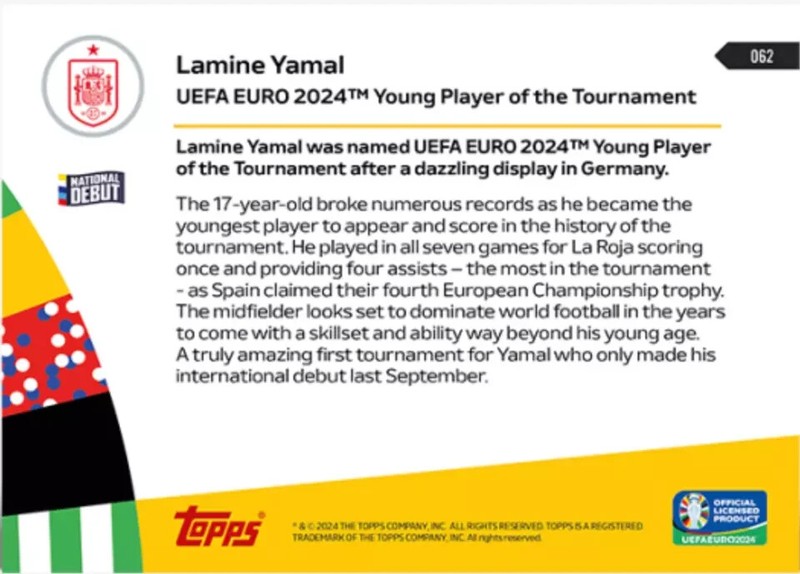 2024 Lamine Yamal TOPPS NOW EURO #062 62 Young Player of The Tournament view 2