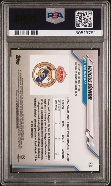2019-20 Topps Chrome UEFA Vinicius Junior Purple Carbon Fiber Refractor PSA 10 view 2
