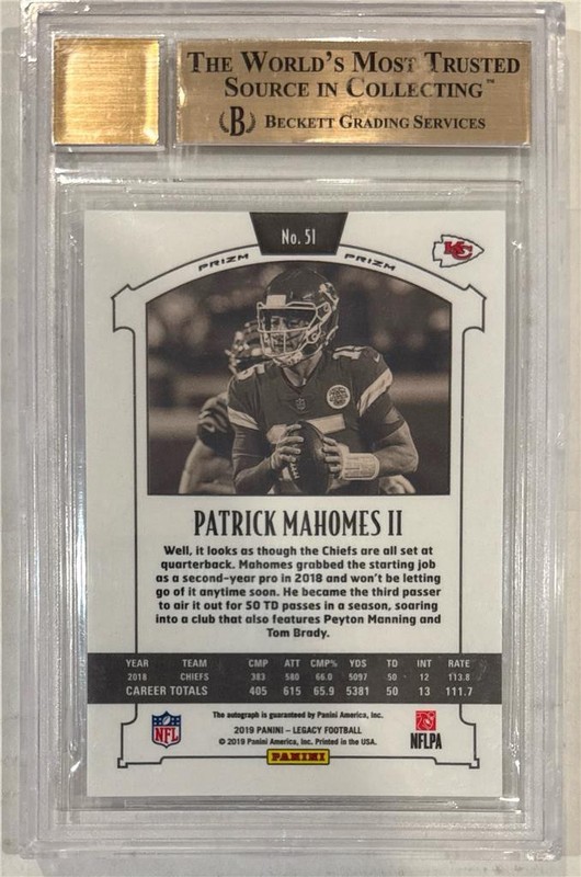 2019 Patrick Mahomes Panini Legacy Auto Prizm Card- BGS 9.5 Gem Mint w/10 auto view 2