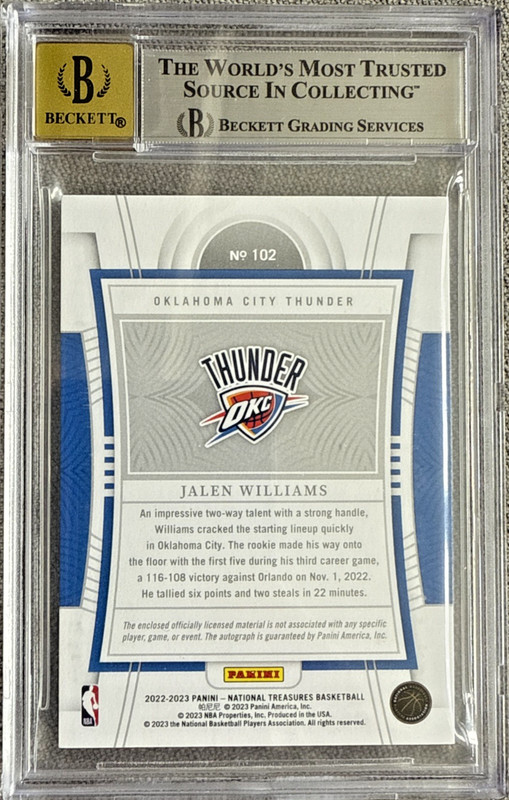 BGS 8.5: 2022-23 NATIONAL TREASURES JALEN WILLIAMS RPA ROOKIE PATCH AUTO /99 view 2