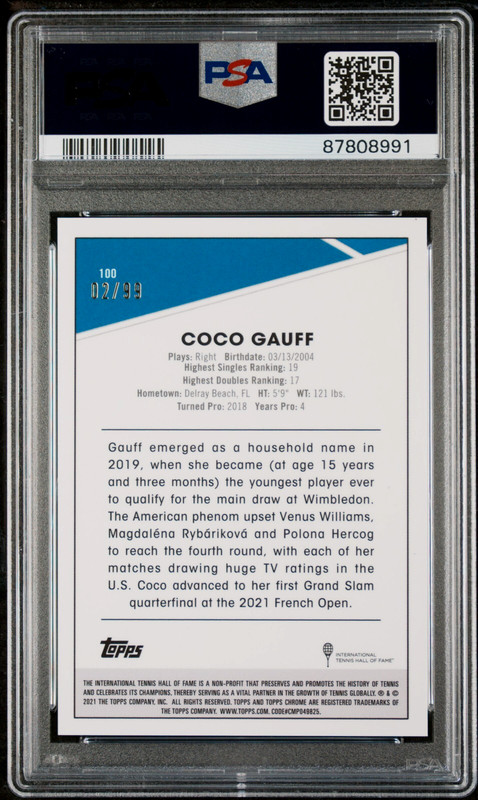 2021 Topps Chrome Coco Gauff Blue Refractor #2/99 RC PSA 9 Mint view 2