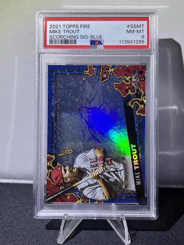 2021 Topps Fire MIKE TROUT Scorching Signatures Auto, Blue #/5 Auto, PSA 8 view 2