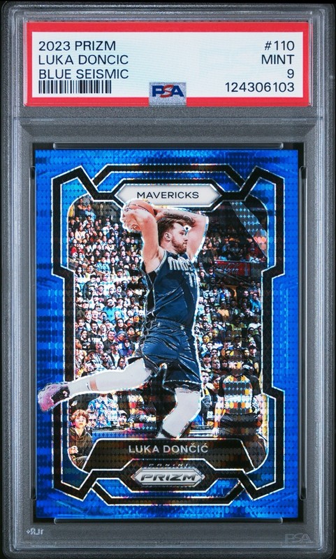 Luka Doncic 2023-24 Panini Prizm #110 Blue Seismic /99 PSA 9 Mint COLOR MATCH
