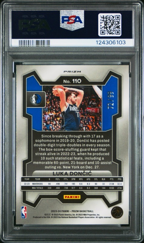 Luka Doncic 2023-24 Panini Prizm #110 Blue Seismic /99 PSA 9 Mint COLOR MATCH view 2