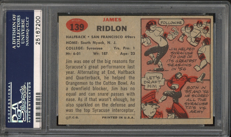 1957 Topps #139 Jim Ridlon Rookie PSA 8 (OC) Vintage Football Card (7200) view 2