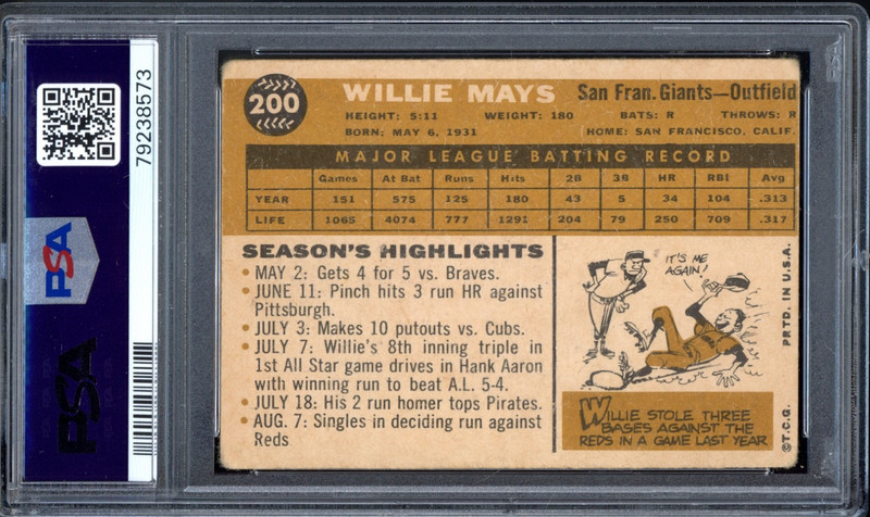 1960 Topps #200 Willie Mays PSA 2 San Francisco Giants HOF Baseball Card (8573) view 2