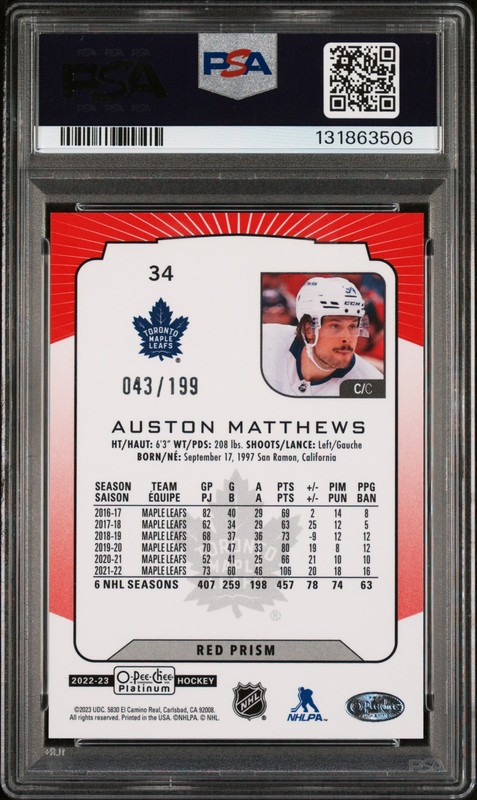 2022 O-Pee-Chee Platinum Auston Matthews Red Prism PSA 10 POP 1!!! view 2