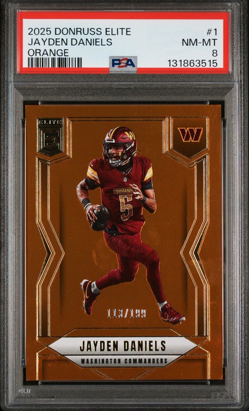 2025 Donruss Elite Jayden Daniels #1 Orange 113/199 PSA 8
