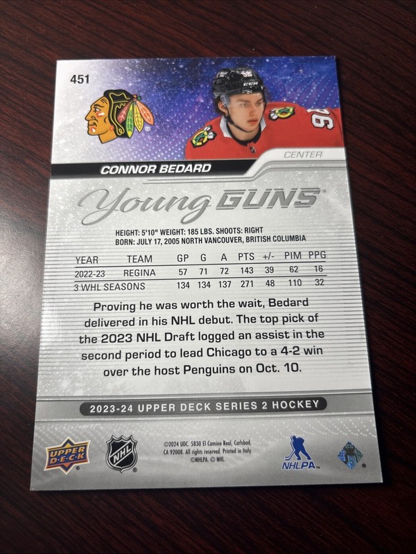 2023-24 Upper Deck OVERSIZED Young Guns #451 Rookie RC Connor Bedard NOT THE REG view 2