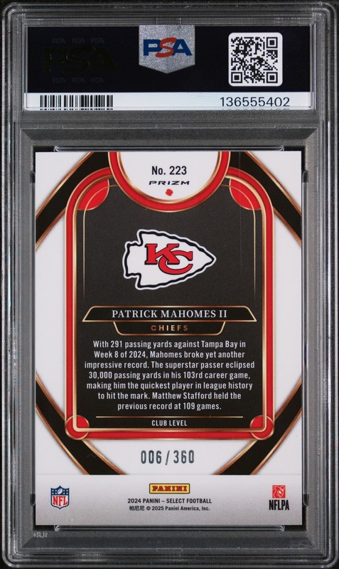 Patrick Mahomes II 2024 Select #223 Purple Shock /360 PSA 8 Chiefs view 2