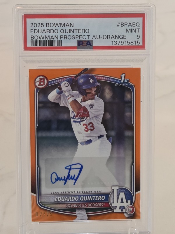 2025 Bowman EDUARDO QUINTERO Prospect 1st RC Rookie Auto Orange #/25 PSA 9 Mint view 2