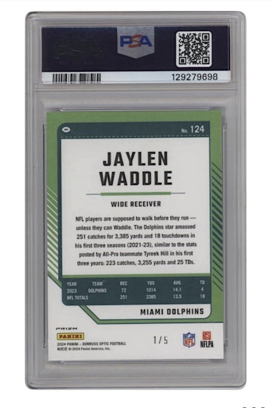 Jaylen Waddle 24 Panini Donruss Optic Blue Mojo #124 PSA 10 POP 1  serial number view 2