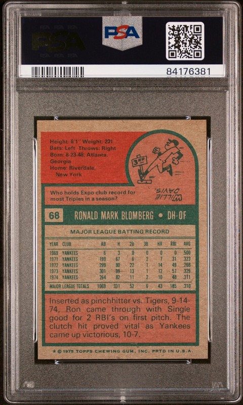 1975 Topps MINI Ron Blomberg PSA 8 NM-MT CENTERED #68 Original Yankees Vintage view 2