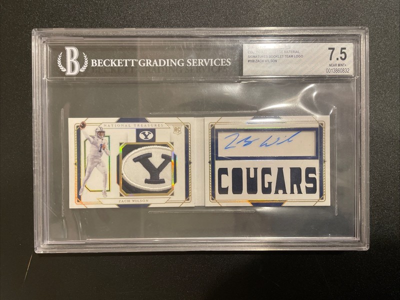 2021 National Treasures Zach Wilson 1/1 Booklet Patch Auto BGS 7.5 Team Logo Rc view 1