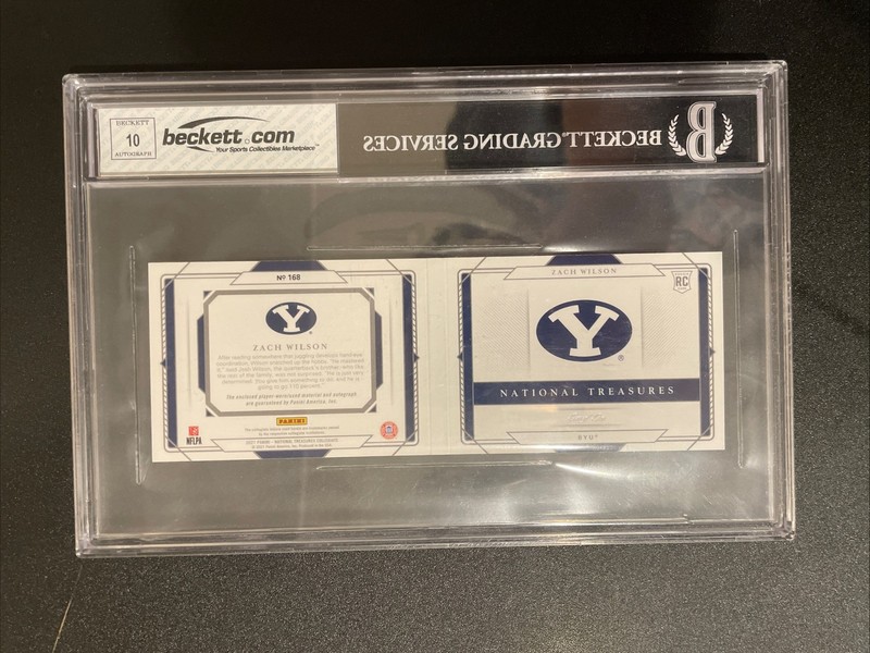 2021 National Treasures Zach Wilson 1/1 Booklet Patch Auto BGS 7.5 Team Logo Rc view 2