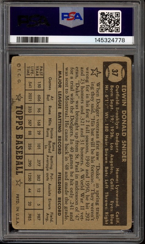 1952 Topps #37 Duke Snider (Black Back) PSA 1 Vintage HOF Baseball Card (4778) view 2