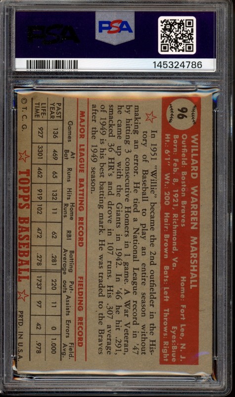 1952 Topps #96 Willard Marshall PSA 4 Vintage Baseball Card (4786) view 2
