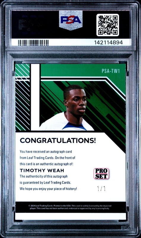 2024 LEAF COLLECTIVE PRO SET TIMOTHY WEAH SUPER PRISMATIC GOLD AUTO #1/1 PSA 9 view 2