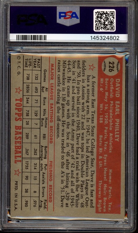 1952 Topps #226 Dave Philley PSA 6 Vintage Baseball Card (4802) view 2