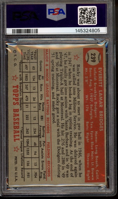 1952 Topps #239 Rocky Bridges PSA 4 Vintage Baseball Card (4805) view 2