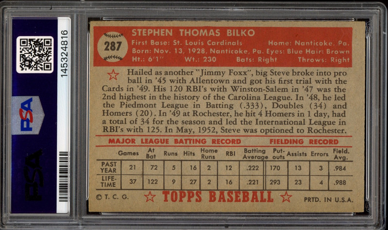 1952 Topps #287 Steve Bilko PSA 5 Vintage Baseball Card (4816) view 2
