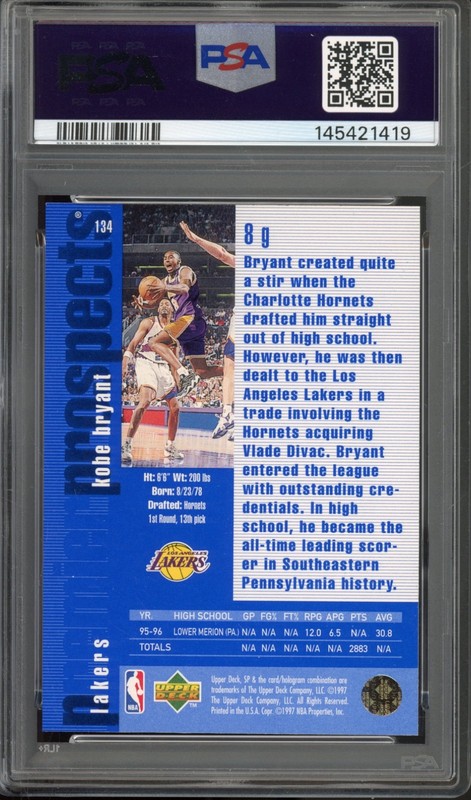 1996 SP #134 Kobe Bryant Rookie Prospects PSA 8 Vintage HOF RC Basketball Card view 2