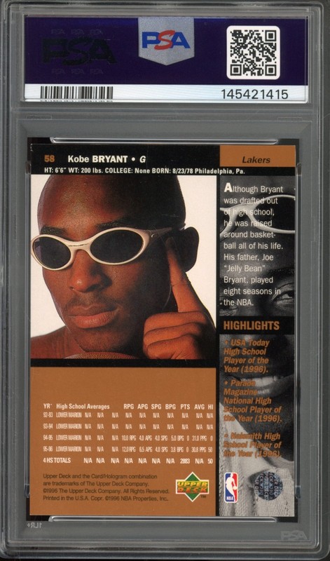 1996 Upper Deck #58 Kobe Bryant Rookie PSA 7 Vintage RC Basketball Card (1415) view 2