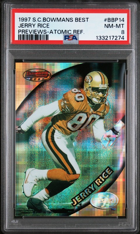 1997 STADIUM CLUB BOWMANS BEST PREVIEWS ATOMIC REFRACTOR #BBP14 JERRY RICE PSA 8