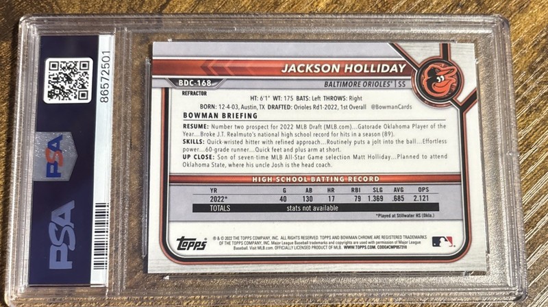 Topps 2022 Bowman Draft Chrome Refractor Rookie Jackson Holliday #BDC-168 PSA 9 view 2