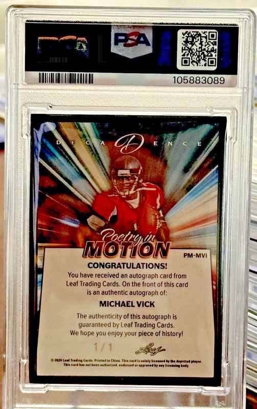 2024 Leaf Decadence Michael Vick AUTO 1/1 Black PSA 8 Falcons SSP One of One view 2
