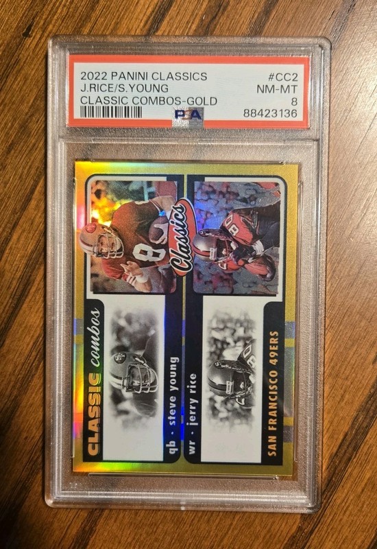 STEVE YOUNG/ JERRY RICE 2022 CLASSIC CLASSIC COMBOS GOLD PRIZM #/99 49ERS PSA 8 