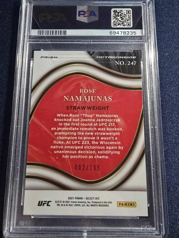 2021 Panini Select UFC Rose Namajunas 002/199 PSA 10 Red Disco Prizm Octagonside view 2