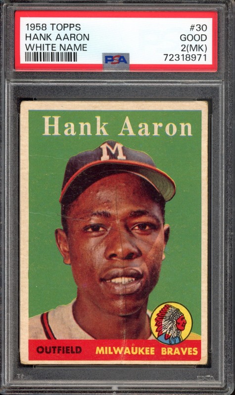 1958 Topps #30 Hank Aaron (white) PSA 2 (MK) Vintage HOF Baseball Card (8971)
