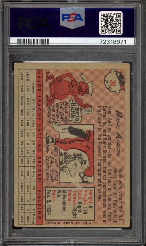 1958 Topps #30 Hank Aaron (white) PSA 2 (MK) Vintage HOF Baseball Card (8971) view 2