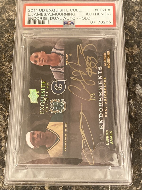2011-12 UD Exquisite Dual Autographs LeBron James / Alonzo mourning 1/5 Auto PSA