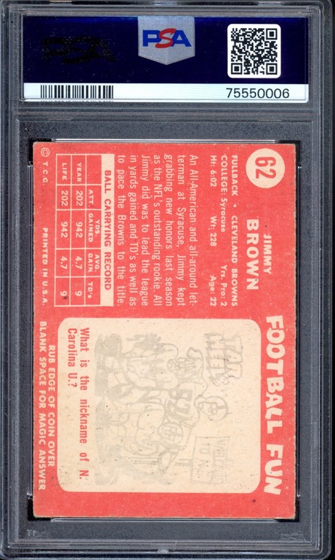 1958 Topps #62 Jim Brown Rookie PSA 3 Vintage HOF RC Football Card (0006) view 2