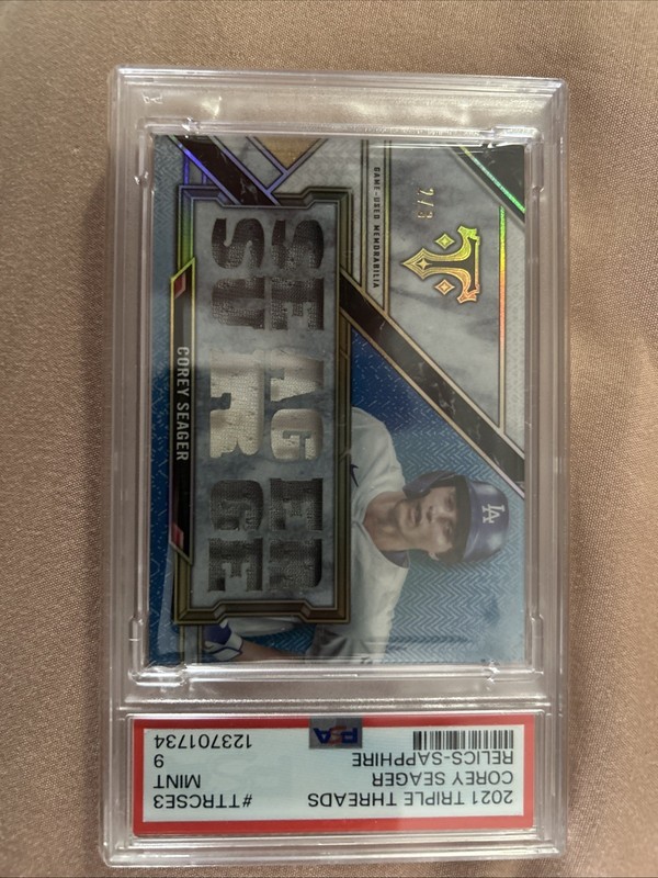 2021 TRIPLE THREADS RELICS SAPPHIRE #TTRCSE3 COREY SEAGER 2/3 PSA 9 POP 1
