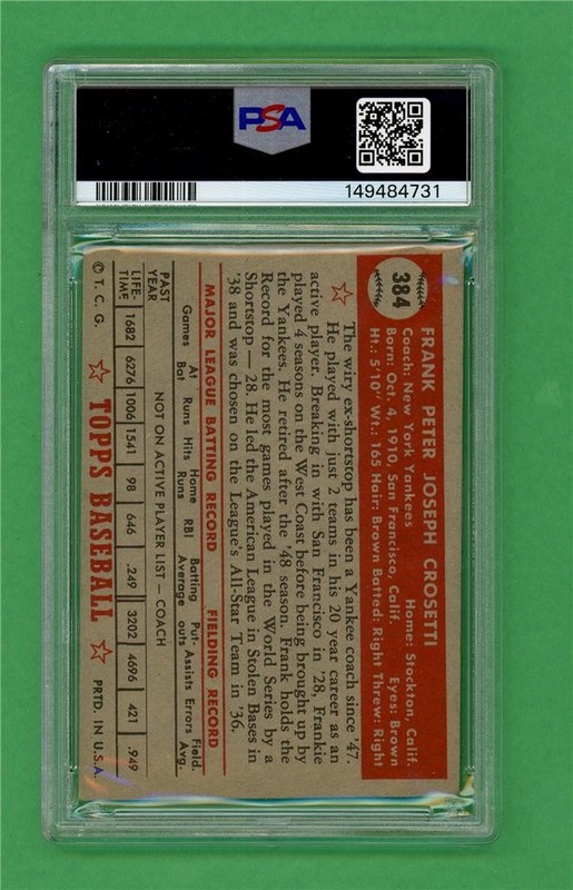 1952 Topps #384 Frank Crosetti ** CENTERED ** PSA VG 3 ** NY Yankees High Number view 2