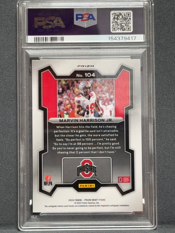 2024 Panini Prizm Draft Picks Marvin Harrison Jr (RC) #104 Red Ice PSA 10 view 2