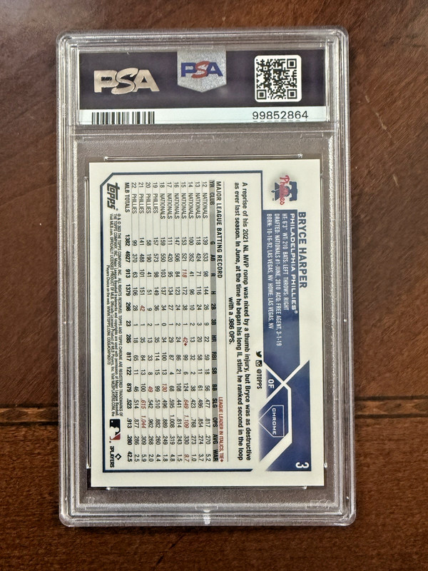 2023 Topps Chrome Bryce Harper #3 SP Photo Variation Refractor PSA 9 view 2