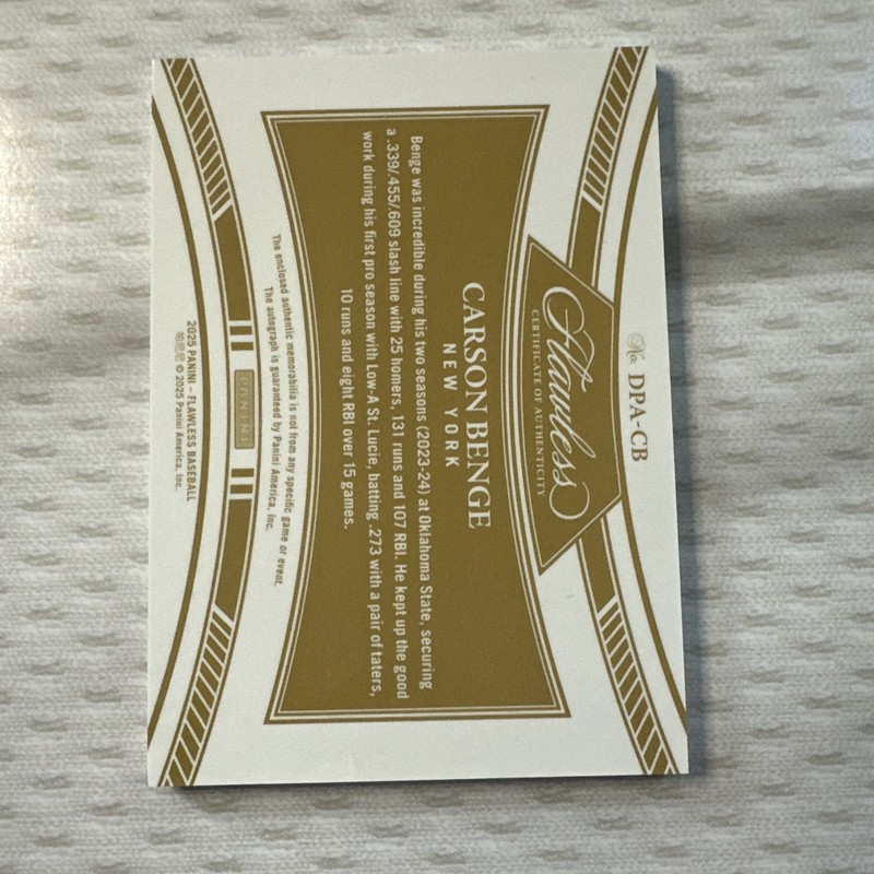 2025 Panini Flawless Carson Benge Draft Patch Auto Sapphire /15 #DPA-CB Mets view 2