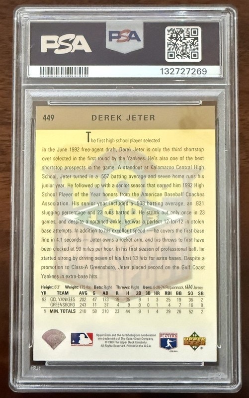 1993 Upper Deck #449 Derek Jeter RC Rookie Gem Mint PSA 10 view 2