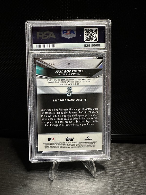 2022 Bowman's Best - Julio Rodriguez #23 Mini-Diamond Refractor /299 (RC) PSA 10 view 2